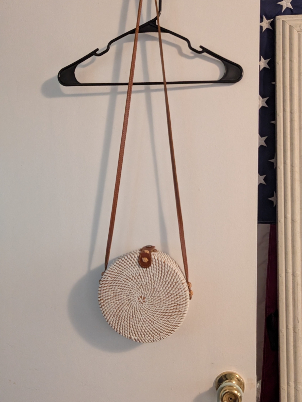 Woven Round Crossbody Bag in White with Tan Strap